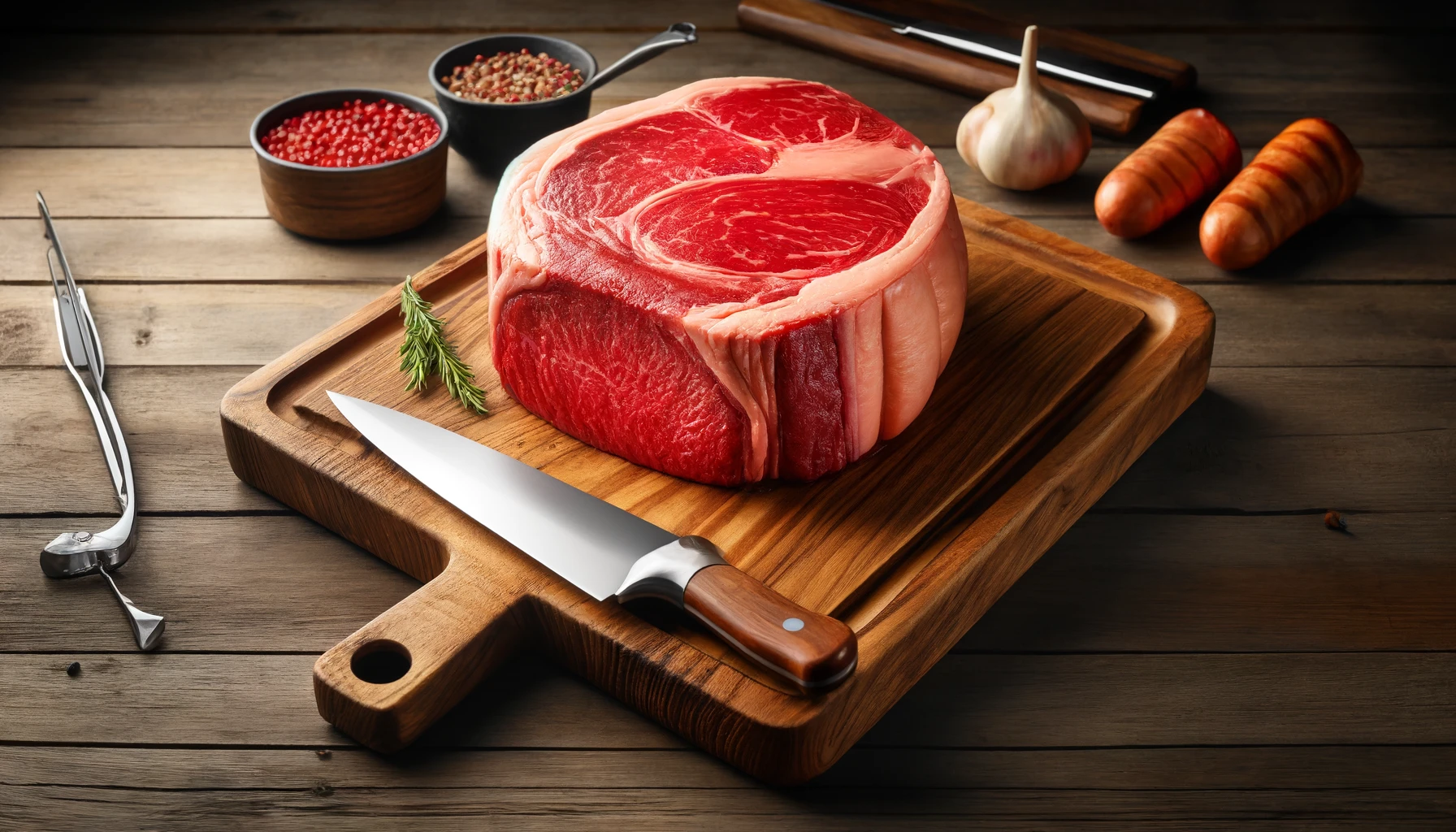 How to Cut Picanha- A high-quality image of a raw picanha cut on a wooden cutting board. The picanha has a thick, even fat cap and bright red meat. Surrounding the picanh